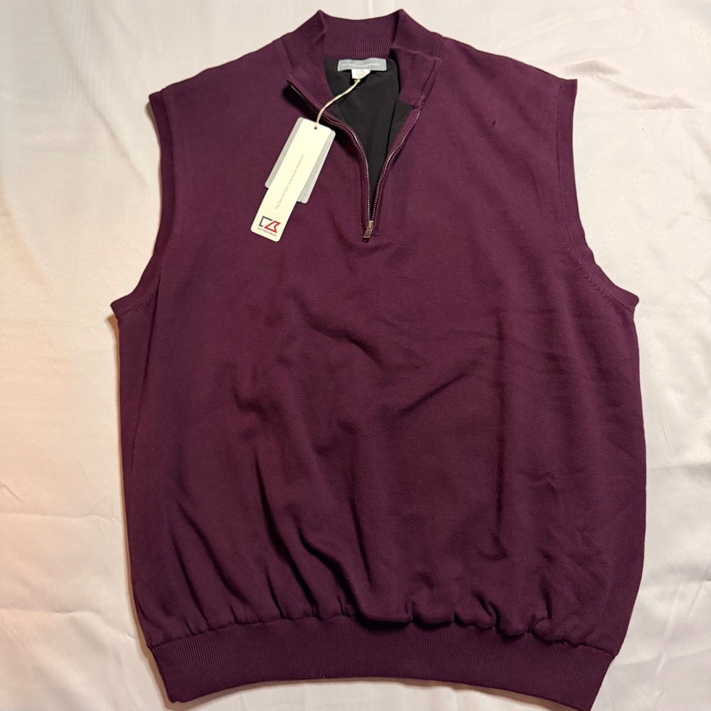 Cutter & Buck CBWindTec Mens L Plum Purple Quarter Zip Lined Cotton Sweater Vest